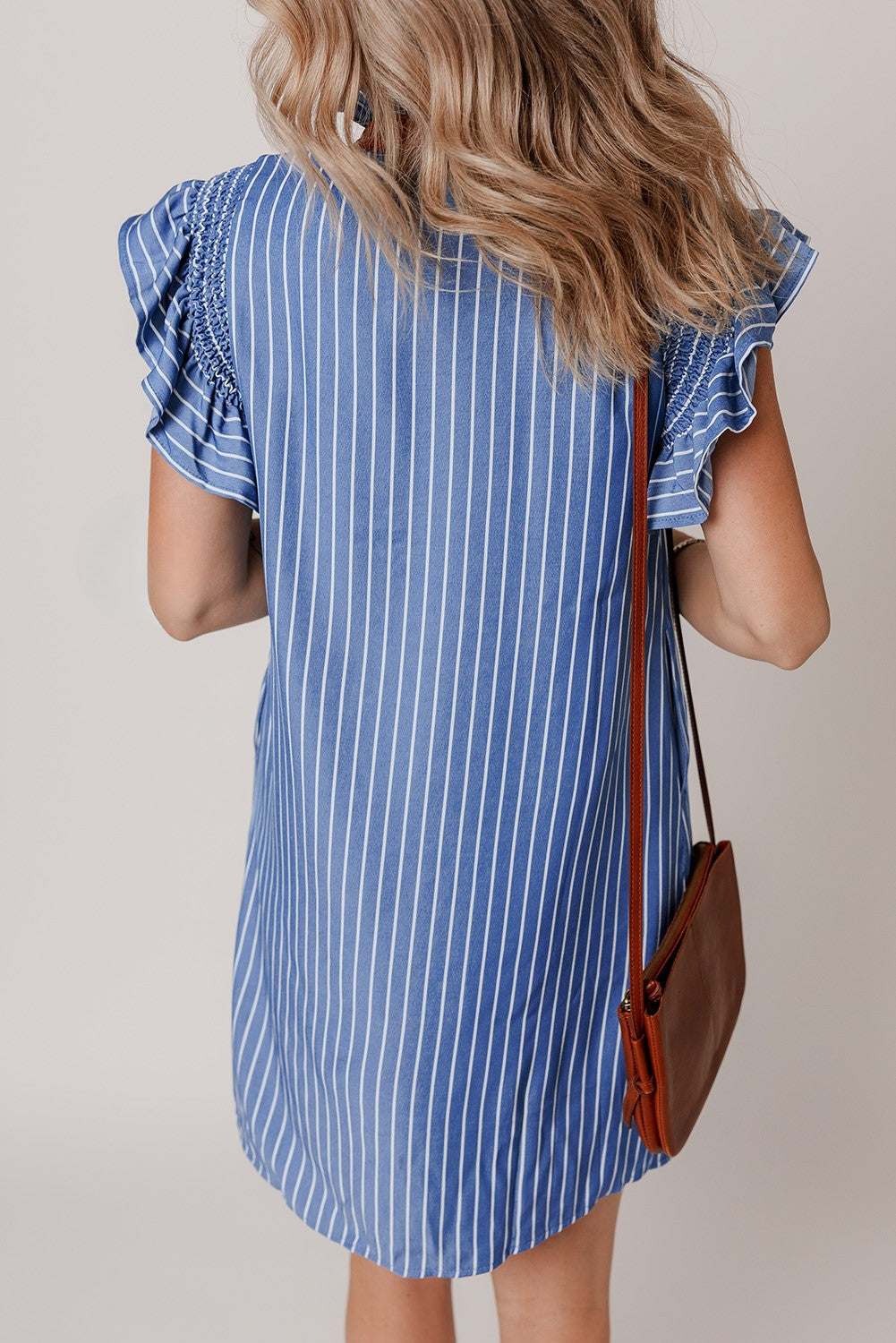 Leah Stripe Frilly Split Neck Shirred Ruffle Sleeve Dress-1
