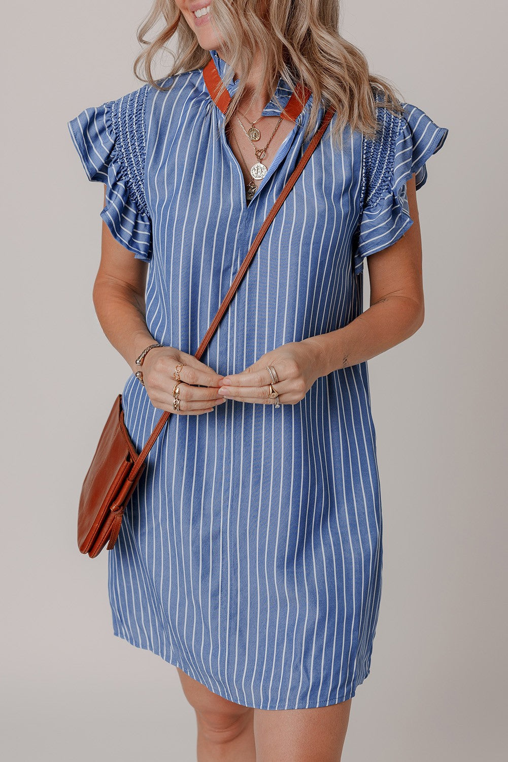 Leah Stripe Frilly Split Neck Shirred Ruffle Sleeve Dress-3