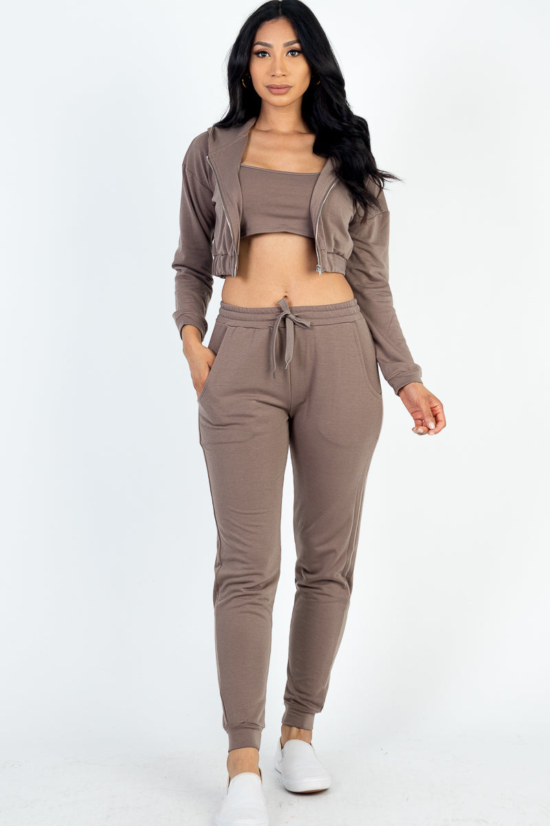 French Terry Cropped Cami with Zip-up Jacket and Joggers Set (CAPELLA)-9