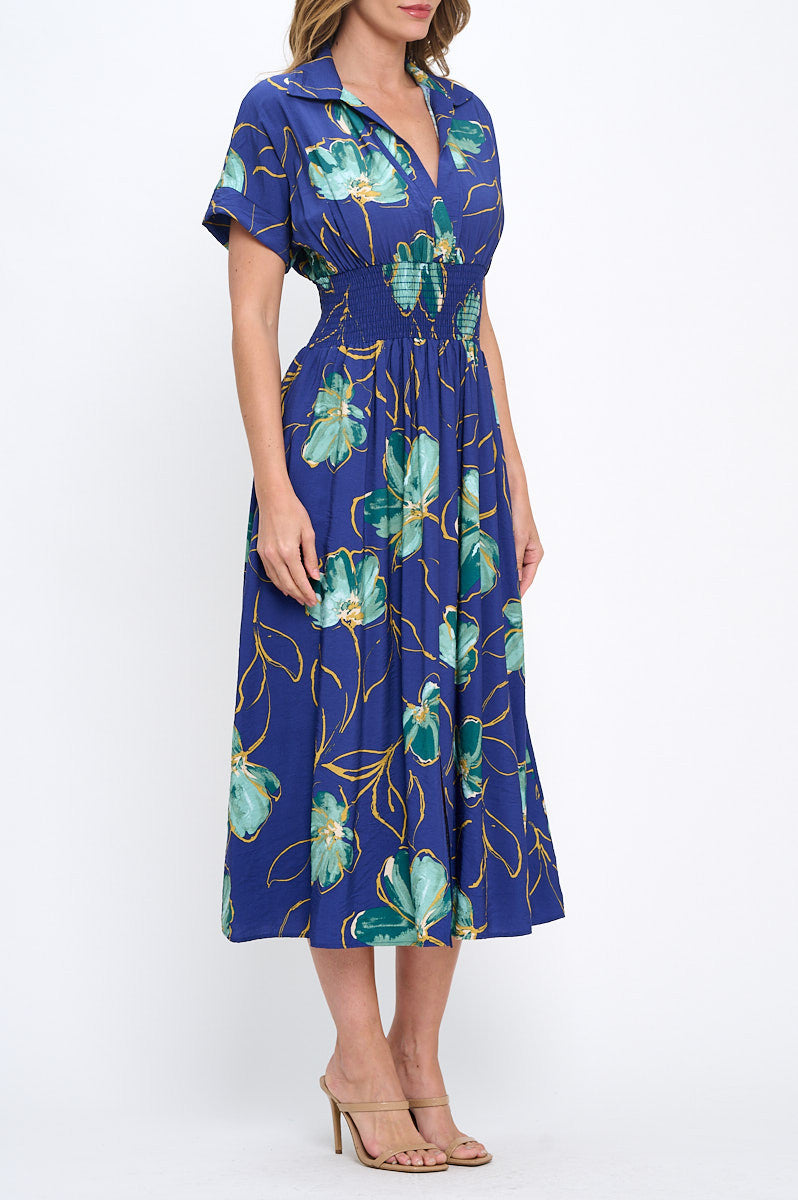 Floral Print V neck Collared Dress with Smock Waist Detail-2