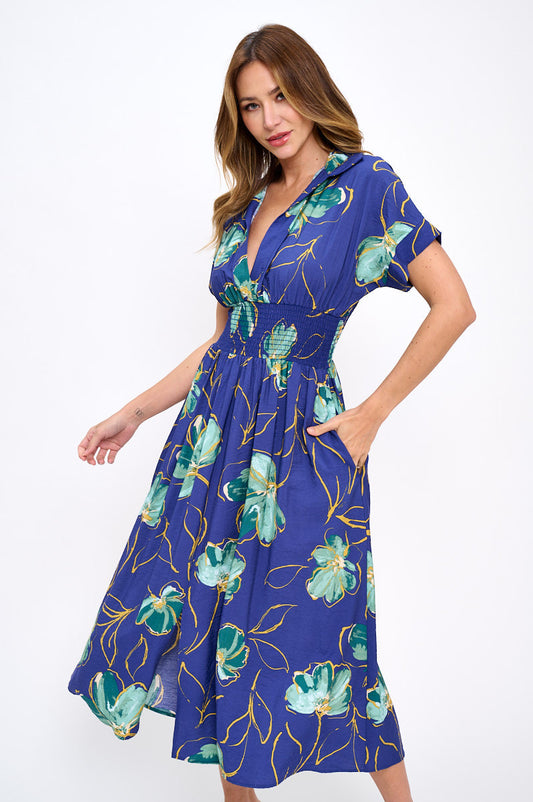 Floral Print V neck Collared Dress with Smock Waist Detail-0
