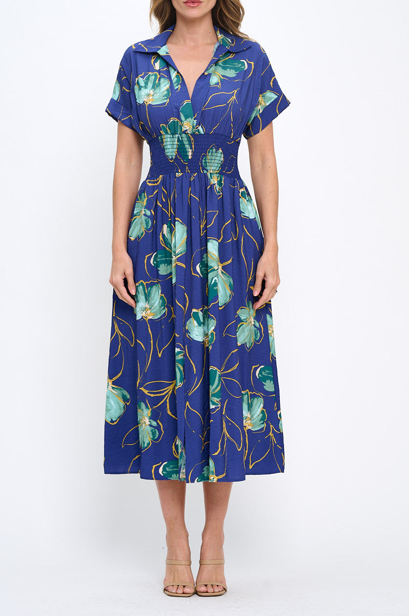 Floral Print V neck Collared Dress with Smock Waist Detail-1
