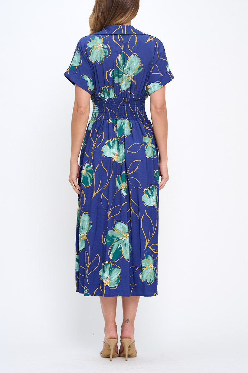 Floral Print V neck Collared Dress with Smock Waist Detail-3