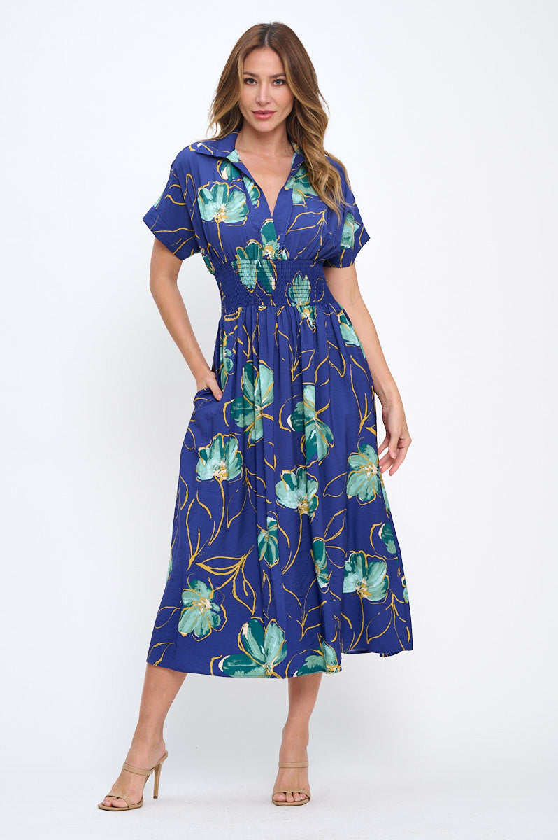 Floral Print V neck Collared Dress with Smock Waist Detail-4