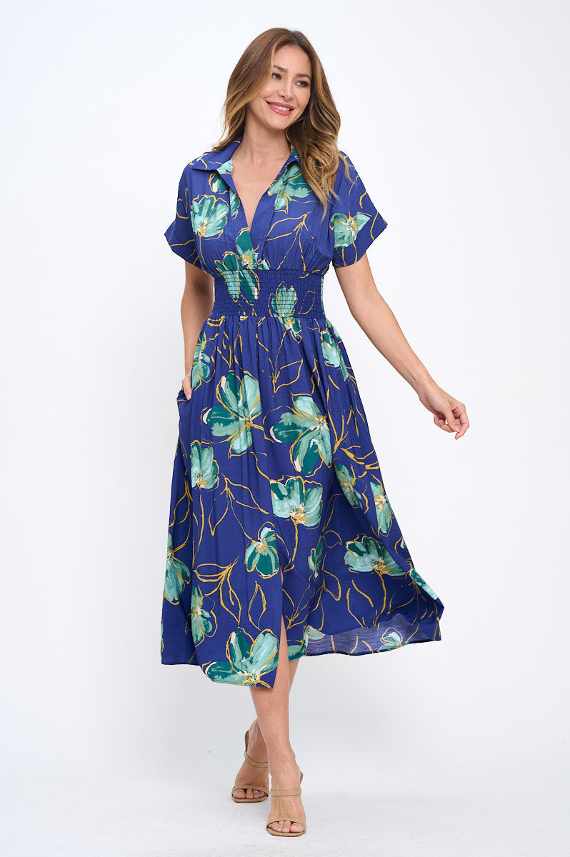 Floral Print V neck Collared Dress with Smock Waist Detail-5